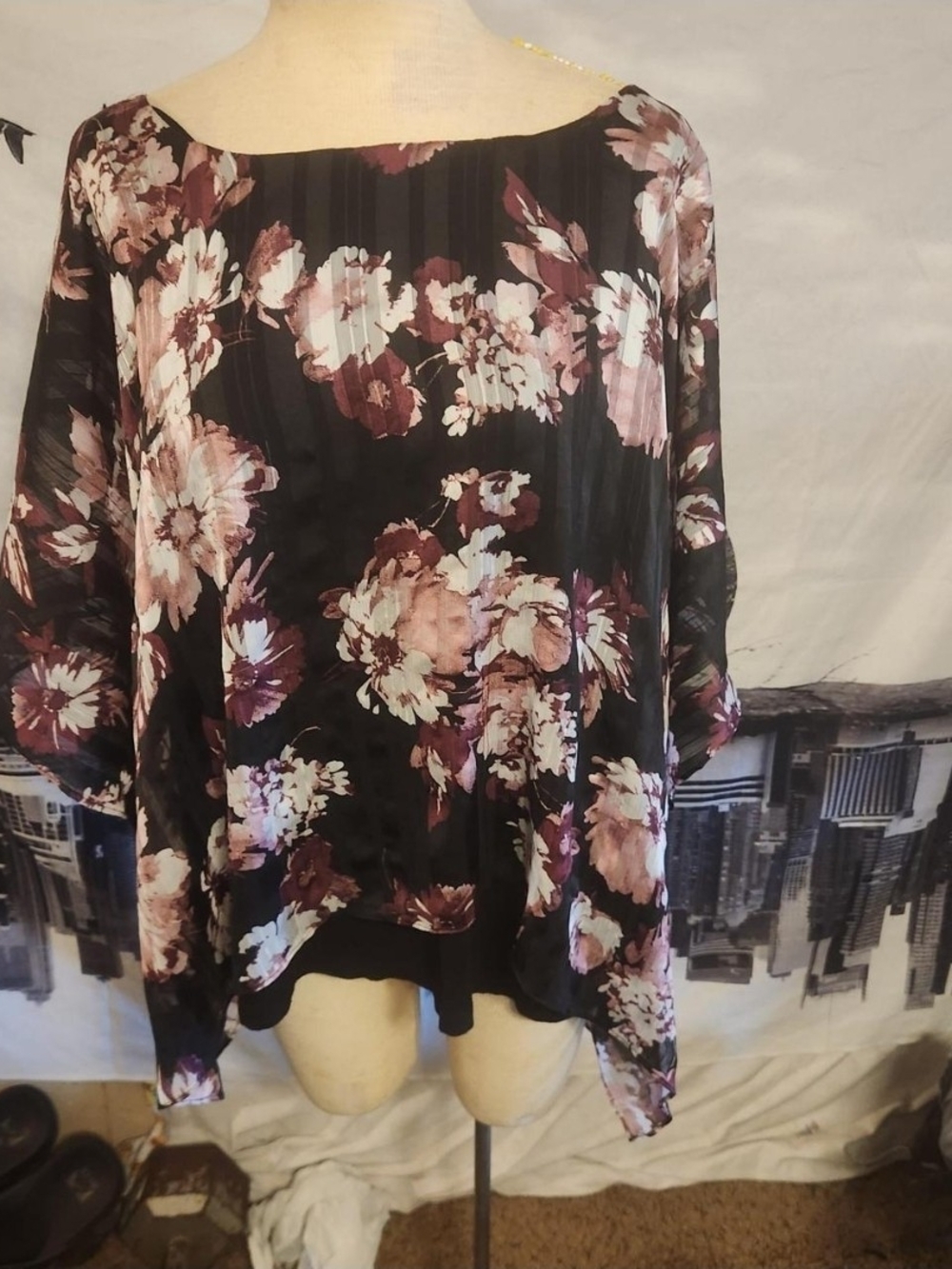 Alyx Black Floral Boatneck Tunic with Pink Blooms